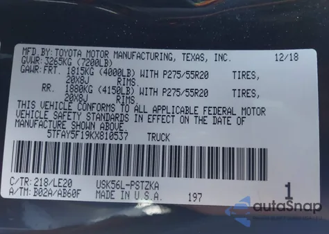 2019 Toyota Tundra Platinum 5.7L V8 z USA, uszkodzony, nr VIN 5TFAY5F19KX810537